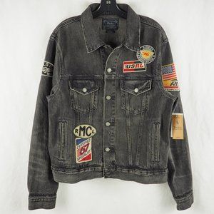 Polo Ralph Lauren Men's Denim Jacket Riders Assoc. Trucker Biker Patches Black L